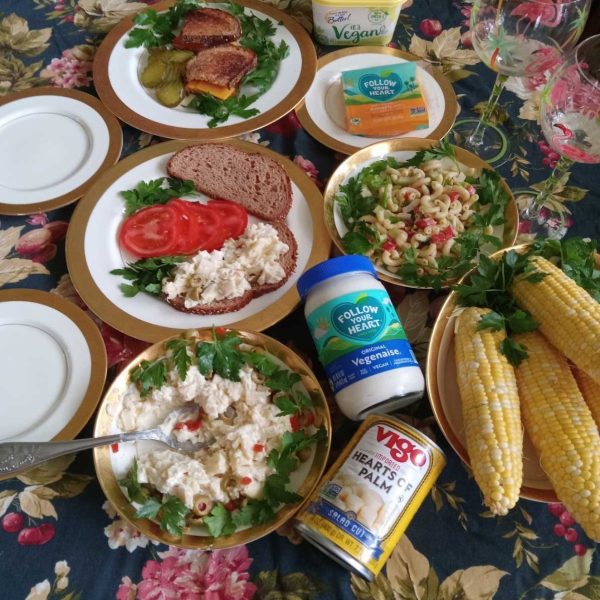 Lunch: Vegan Grilled ‘Cheese’ Sandwich, ‘Tuna’ Salad Sandwich (made with Hearts of Palm, celery, onion, vegan mayo), Vegan Macaroni Salad, Vegan Potato Salad (made with Follow Your Heart Vegenaise).